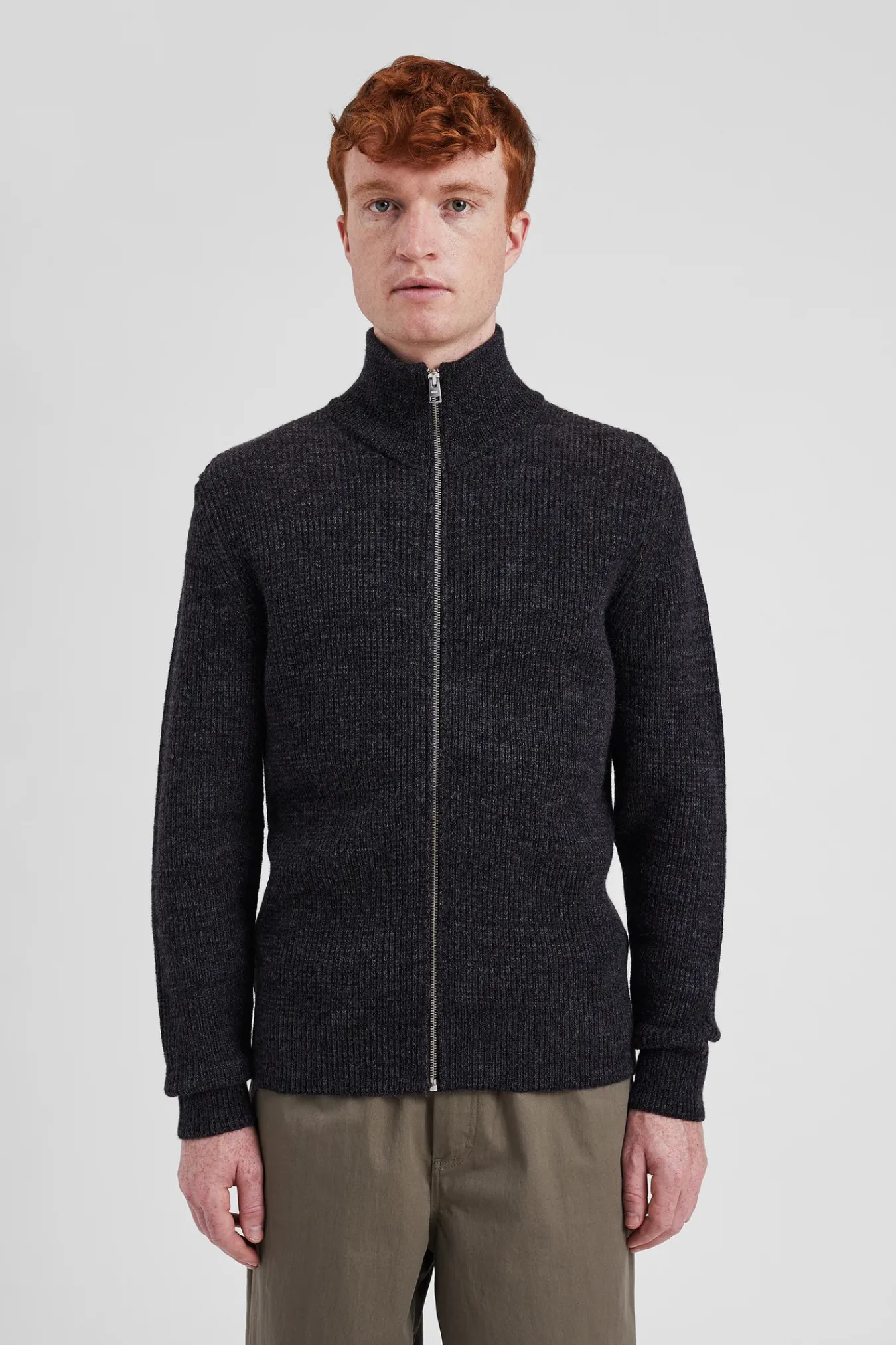 KNITWEAR^Norse Projects Hagen Wool Cotton Rib Full Zip Jacket Dark Grey Melange