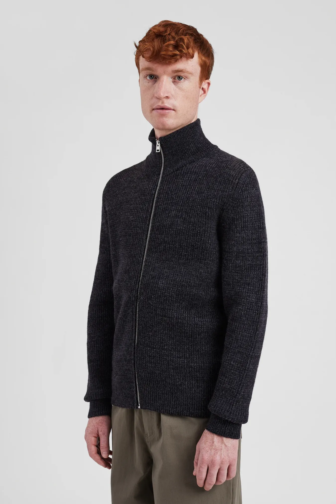 KNITWEAR^Norse Projects Hagen Wool Cotton Rib Full Zip Jacket Dark Grey Melange