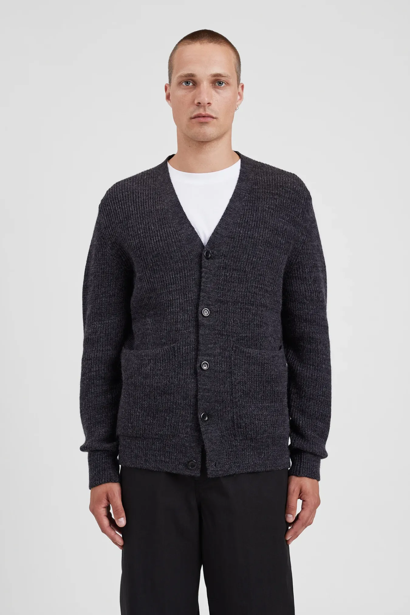 KNITWEAR^Norse Projects Loki Wool Cotton Rib Cardigan Dark Grey Melange