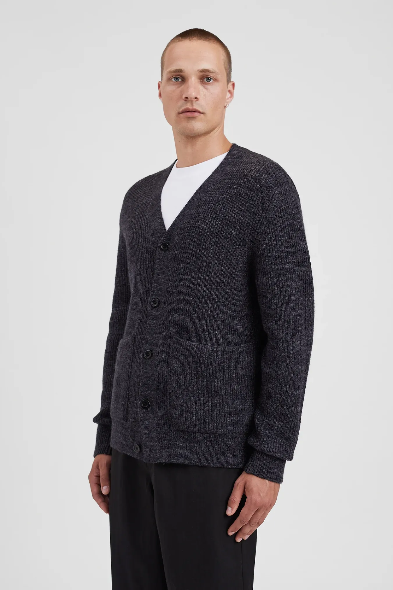 KNITWEAR^Norse Projects Loki Wool Cotton Rib Cardigan Dark Grey Melange