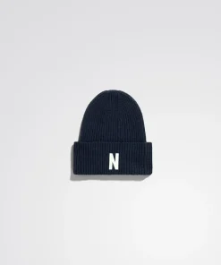 BEANIES^Norse Projects Merino Lambswool Rib N Logo Beanie Dark Navy