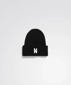 BEANIES^Norse Projects Merino Lambswool Rib N Logo Beanie Black
