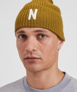 BEANIES^Norse Projects Merino Lambswool Rib N Logo Beanie Sitka Green