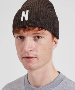 BEANIES^Norse Projects Merino Lambswool Rib N Logo Beanie Heathland Brown