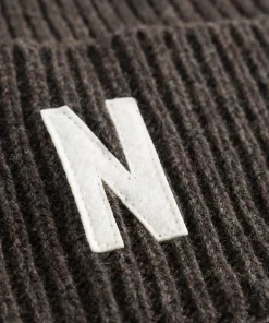 BEANIES^Norse Projects Merino Lambswool Rib N Logo Beanie Heathland Brown