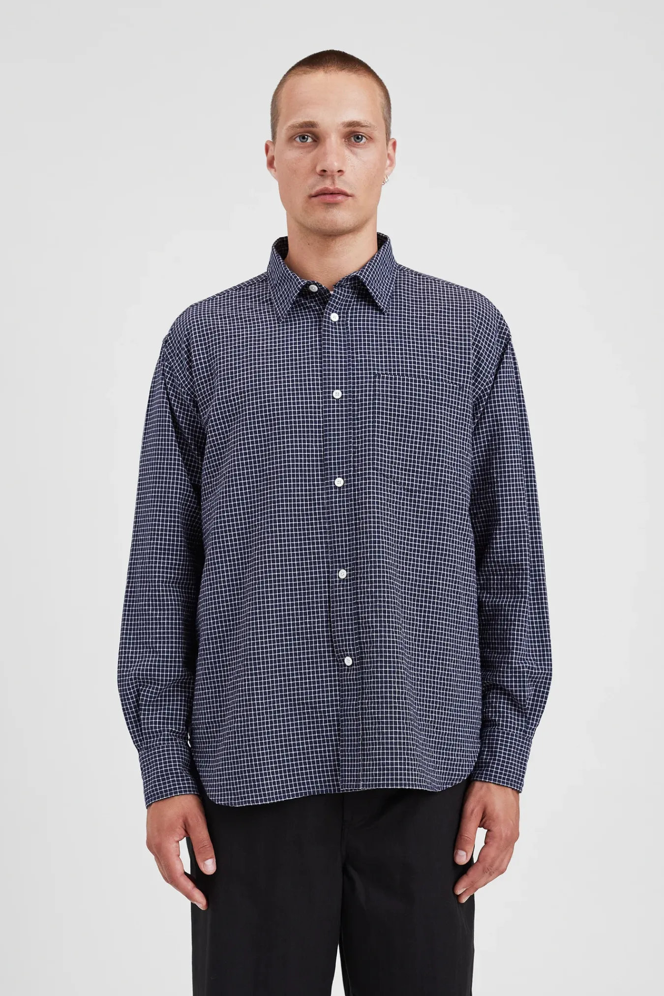 SHIRTING^Norse Projects Mo Check Oversized Shirt Dark Navy